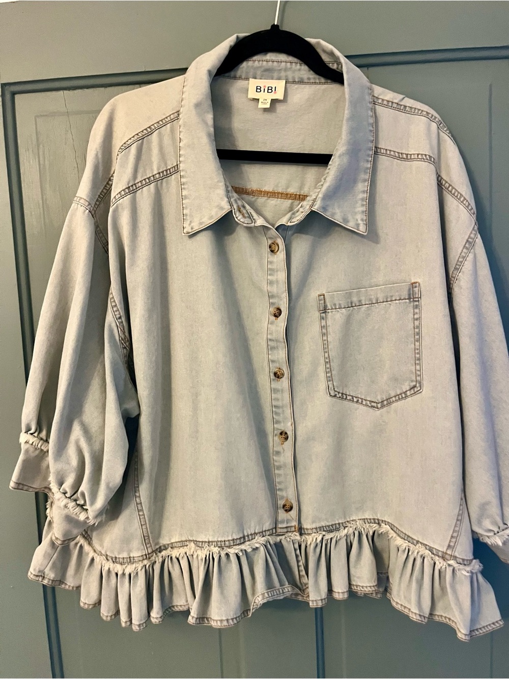 BiBi Light Wash Denim Ruffle Hem Jacket, NWOT